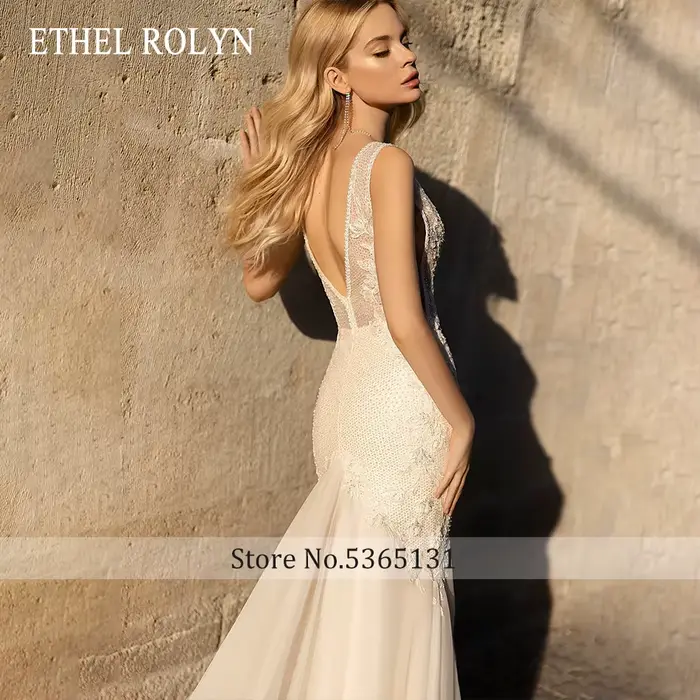 ETHEL ROLYN robe De mariée sirène chic col en v perlé dentelle Appliques dos nu