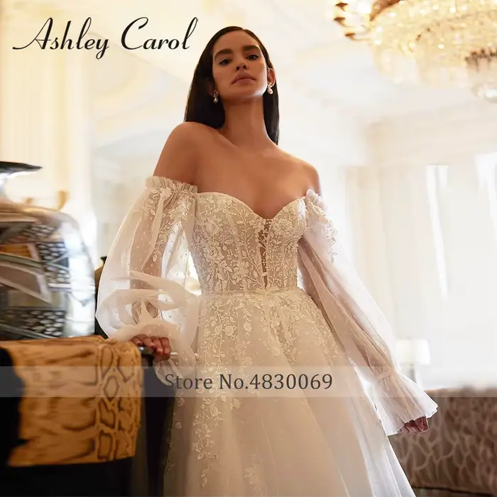 Robe de Mariée Bohème en Dentelle avec Perles et Manches Bouffantes pour Femmes Occasions Spéciales Mariages Proms Soirées de Célébrités