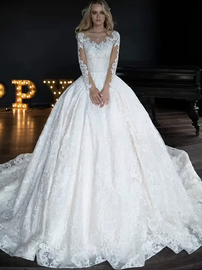 Robe de mariée à paillettes et dentelle brodée sur filet, robe de bal avec manches longues et col rond pour femmes, occasions spéciales et cérémonies