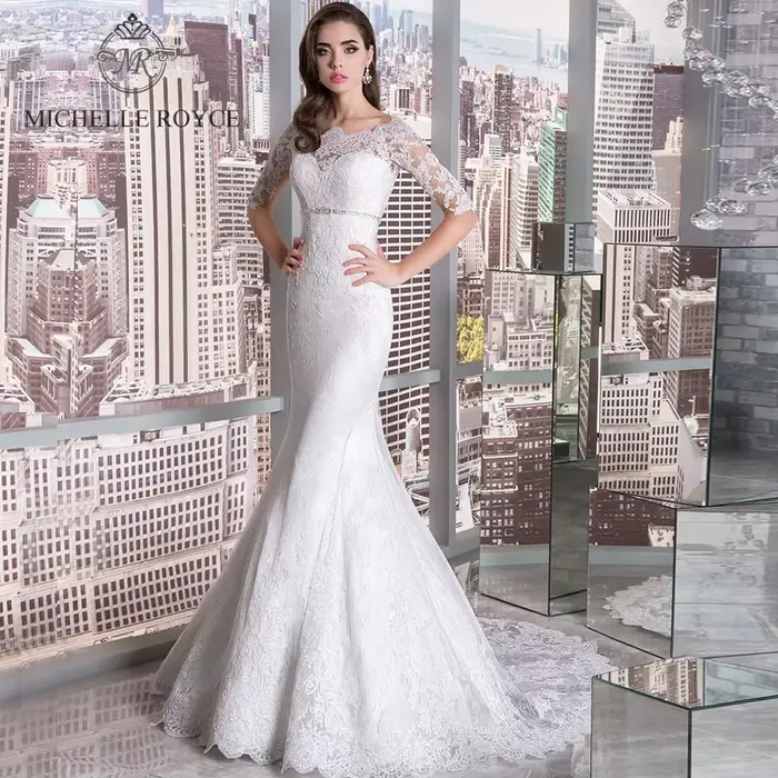 Michelle Royce robes De mariée sirène élégant col bateau Appliques découpé Empire bouton ceintures n