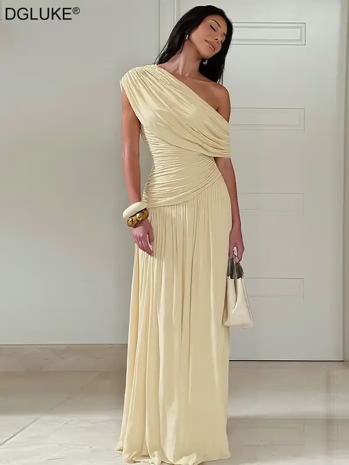 DGLUKE – robe longue drapée à épaules dénudées pour femme