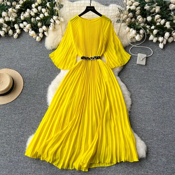 Robe française vintage à manches évasées pour femmes, robe plissée à col rond profond, robes lool él
