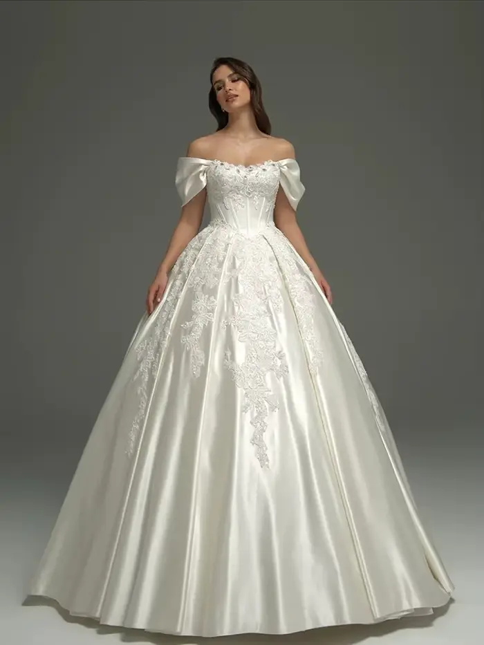 Robe de mariée en satin avec dentelle brodée, ligne a, manches courtes, col bateau, personnalisée pour femmes, occasions spéciales