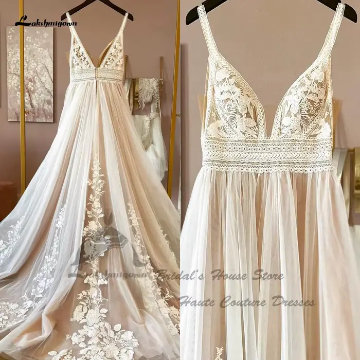 Robes de mariée bohèmes champagne Lakshmigown, bretelles spaghetti, 2026, Suknia Slubna, robes de ma