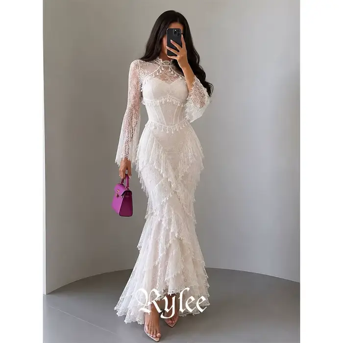 Robe de mariée de luxe Rylee en dentelle, manches longues, coupe sirène, élégante, plissée, collecti