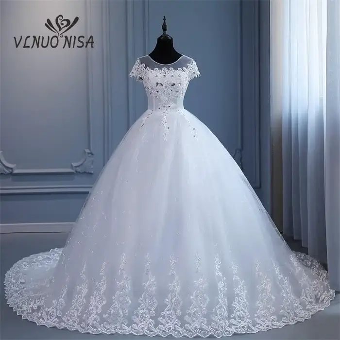 VLNUO NCrawPluse-Robe de mariée à col rond avec manches