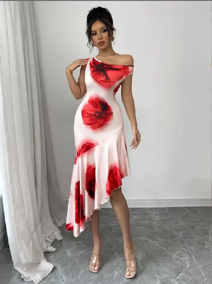 Robe décontractée à fleurs pour femmes junior, polyester, asymétrique, sans manches, mi-mollet, été, occasions spéciales