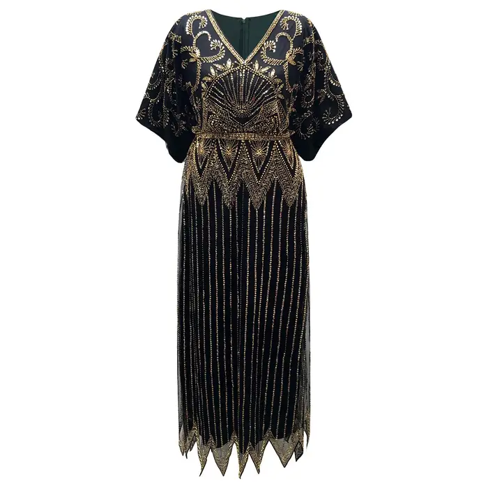 Robe de soirée longue à paillettes pour femmes, élégante, col en V, manches courtes, ligne A, taille