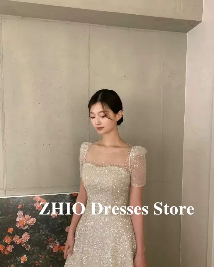 ZHIO robes de mariée à paillettes scintillantes corée séance Photo manches courtes col carré Tulle