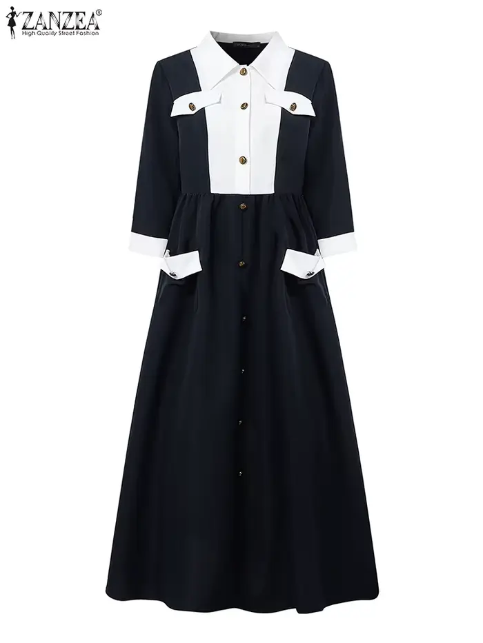 ZANZEA Robe de soirée élégante sans ceinture femmes à manches longues couleur Patchwork Maxi