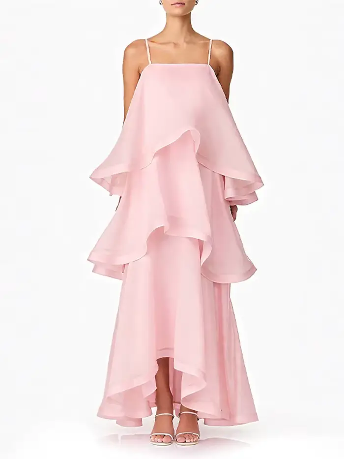 Chic rose doux couche ourlet licou robe sans manches une ligne fête Maxi Robes élégantes longues