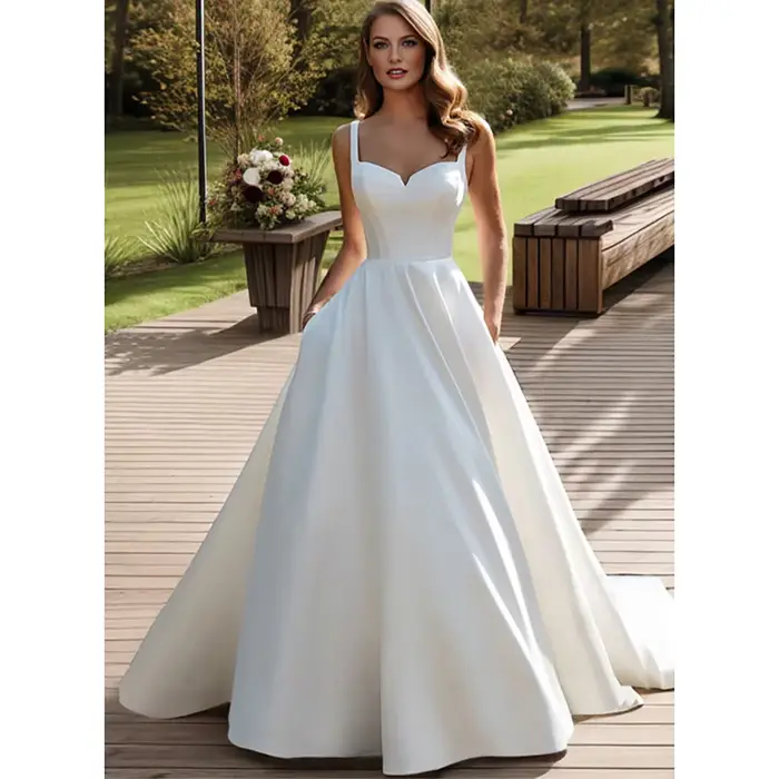 Robe de mariée économique personnalisée, en satin plissé, coupe trapèze, longueur ras du sol, avec b