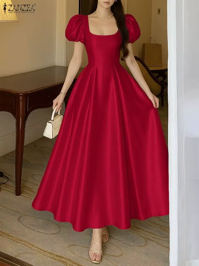 ZANZEA élégant Chic femmes Satin invité de mariage fête longues robes col carré manches courtes bouffantes taille ajustée robe trapèze S-3XL