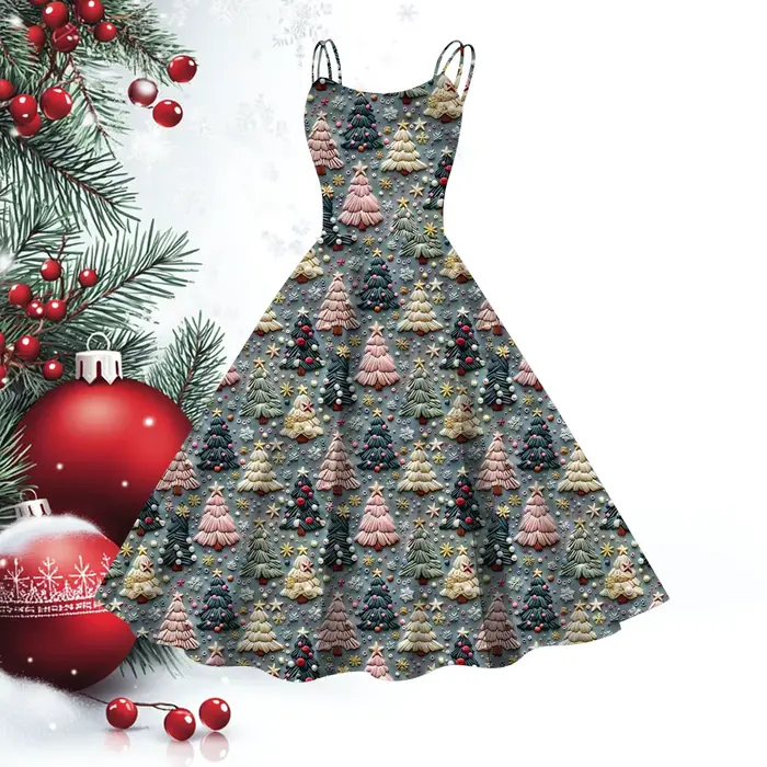 Robe de soirée sexy à bretelles spaghetti pour femmes, imprimé arbre de Noël vintage, coupe fluide, longueur aux genoux, polyester extensible, occasions spéciales et tous les jours