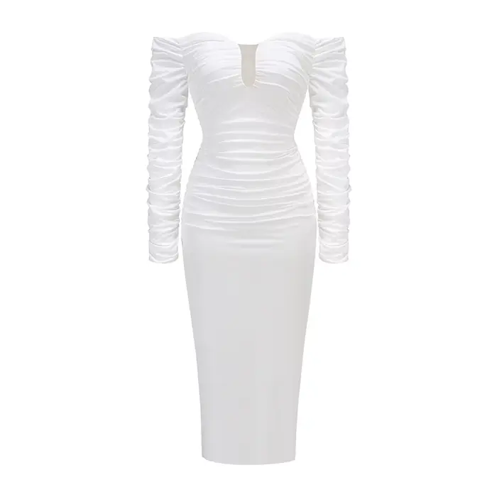 Robe mi-longue blanche Chic, épaules dénudées, avec décolleté en V profond, haut de gamme, pour fête