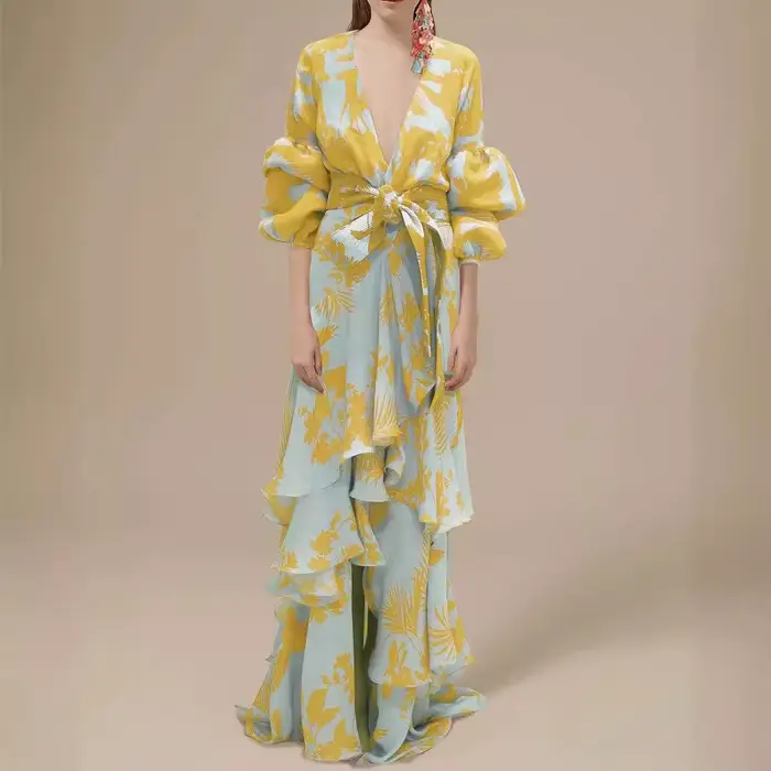 Robe longue bohème irrégulière en mousseline de soie à imprimé mode européenne et américaine