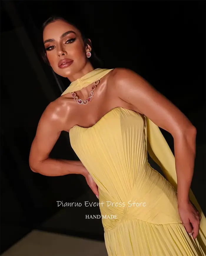 Dianruo rubans jaunes robes De soirée une ligne plissée robe formelle en mousseline De soie chérie