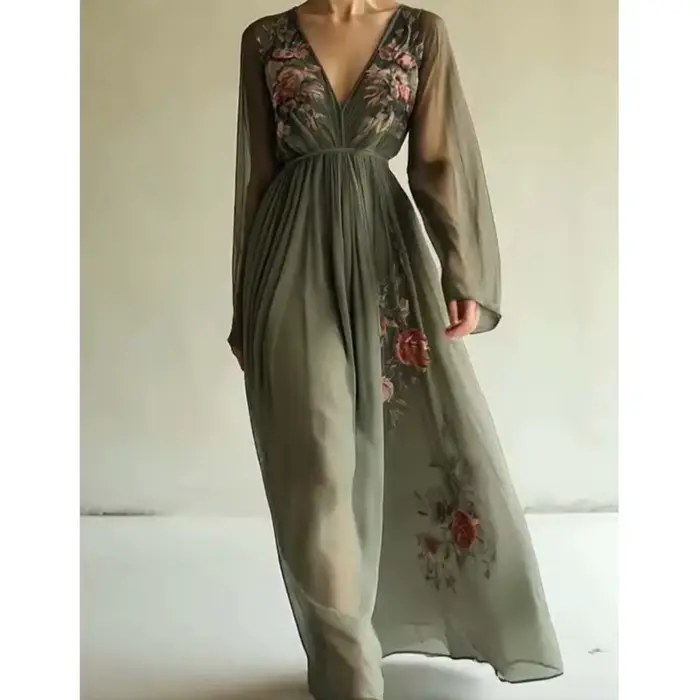 Robe bohème décontractée en polyester avec col en V et plis pour femmes - Maxi robe de soirée et de festival