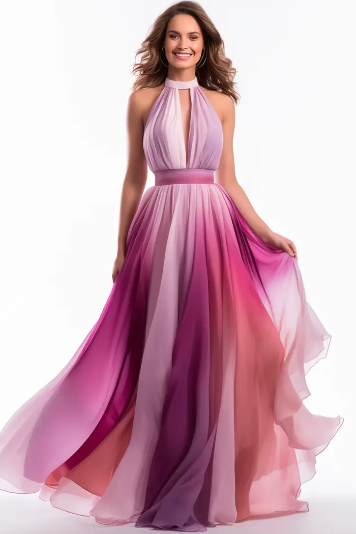 Robe d'invité de mariage pour femmes, en mousseline rose, col licou, sans manches, imprimé dégradé, 