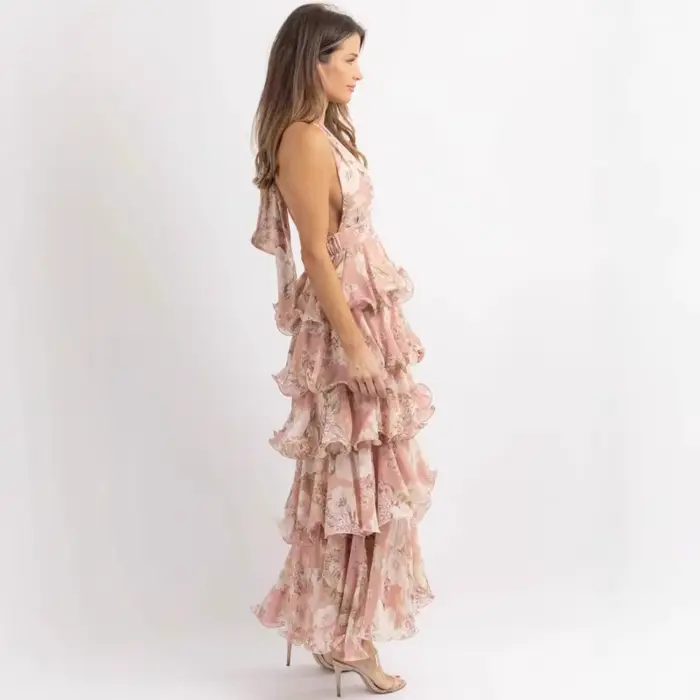 Robe longue bohème florale à volants dos nu style corset pour cocktail élégante invitée mariage plage soirée estivale