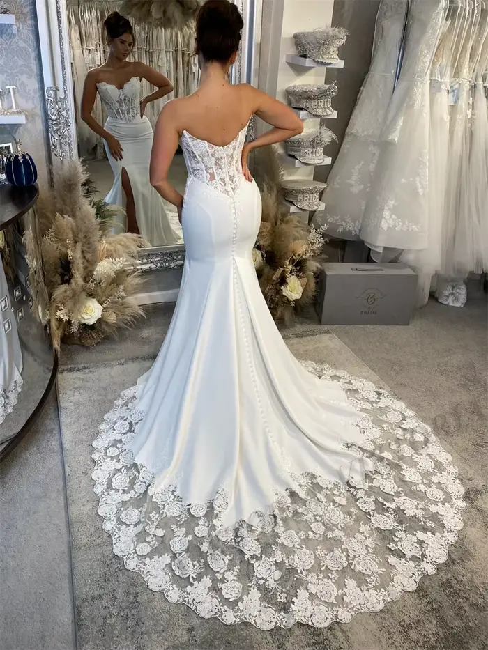 Robe de mariée Viktoria en polyester avec fente et col en V pour femmes, style sirène, personnalisable pour mariage et cérémonies spéciales
