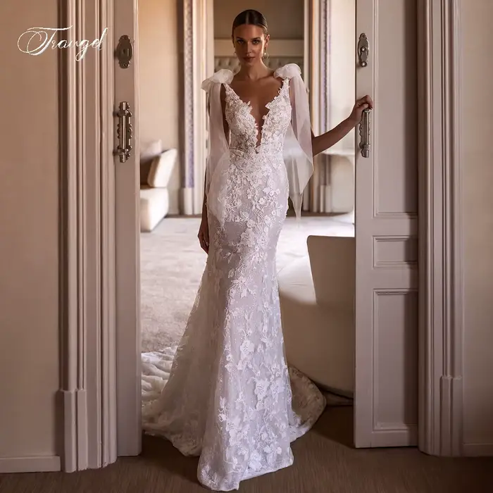 Traugel Sexy dos nu col en V dentelle sirène robes de mariée de luxe Appliques perlée Court Train tr