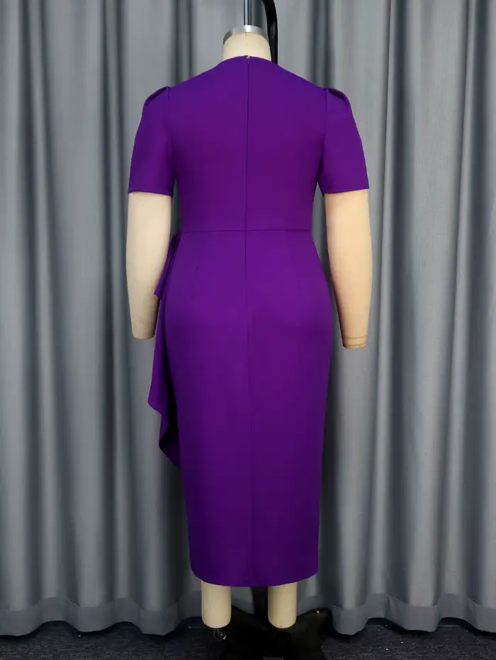 Robe mi-longue vintage violette élégante à manches courtes col en V superposé à volants pour femme occasions formelles dîner soirée chic