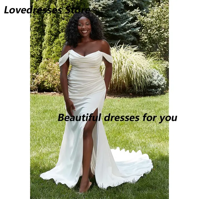 Robe de mariée pas cher personnalisée épaule dénudée une ligne Satin fente latérale balayage Train