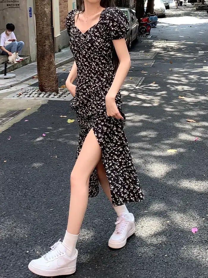 Robe française à fleurs pour femmes, nouvelle jupe longue noire fendue haut de gamme, Design de temp