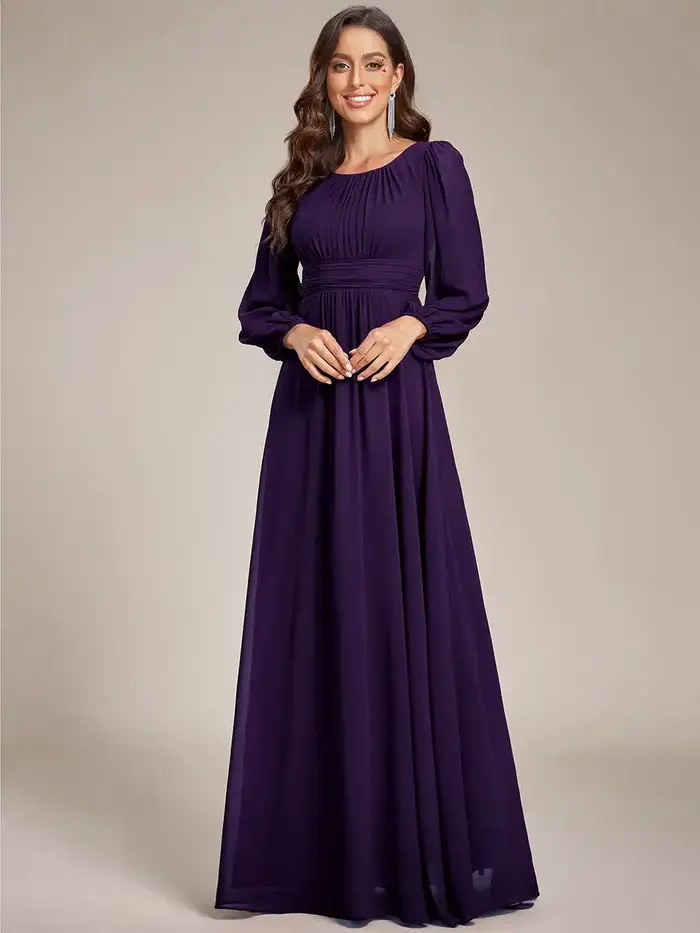 Robe de soirée élégante en mousseline de soie longue avec manches longues et col rond pour femmes occasions spéciales