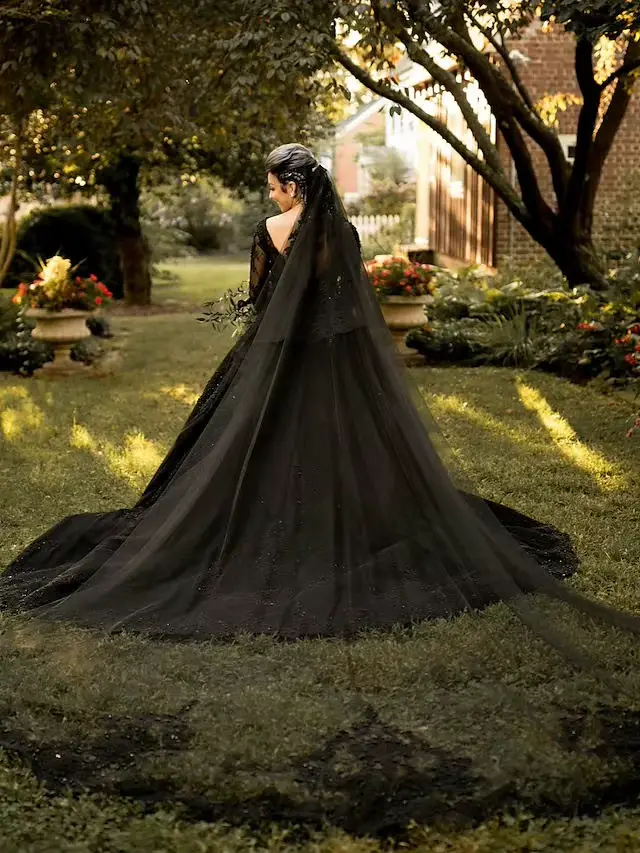 Robe de mariée princesse noire élégante avec train de balai et col en V pour soirées et événements formels
