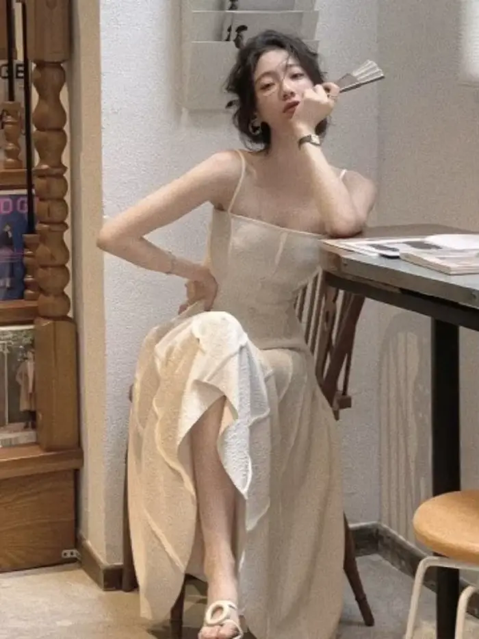 Robe maxi chic pour femme style bureau dame été fairycore sans manches mi-mollet empire coton polyester