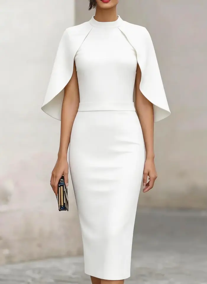 Robe midi élégante à col haut et manches cape ajustée pour femme, idéale pour les soirées formelles,