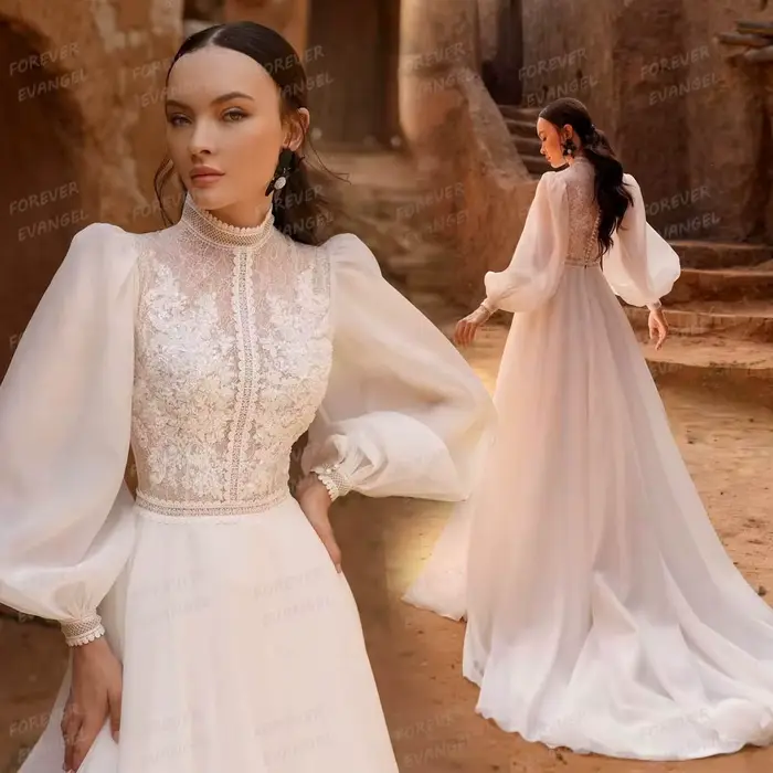 Robes De mariée BOHO élégantes une ligne femme col haut robes De mariée Appliques à manches longues 