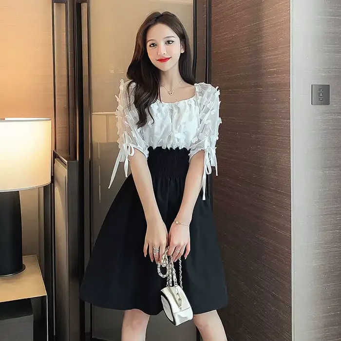 Robe sexy junior tricotée en polyester et nylon avec broderie col en V pour femmes occasions spéciales