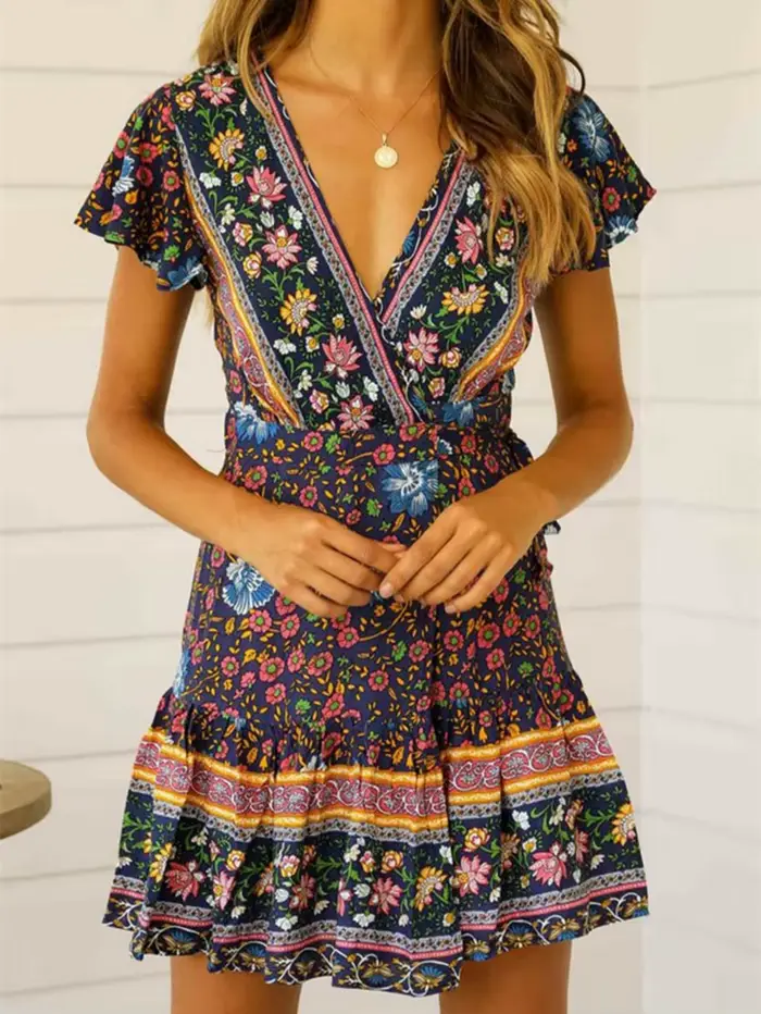 Mini robe bohème à col en V pour femmes