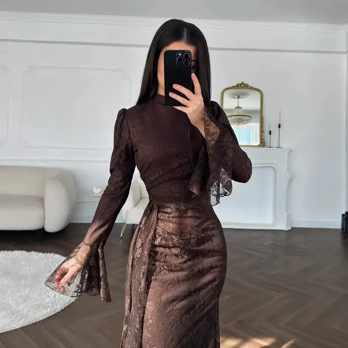 Robe de soirée ajustée en dentelle pour femme, ligne H, longueur cheville, manches cloche, taille cintrée, coupe slim, sexy et élégante, été 2026