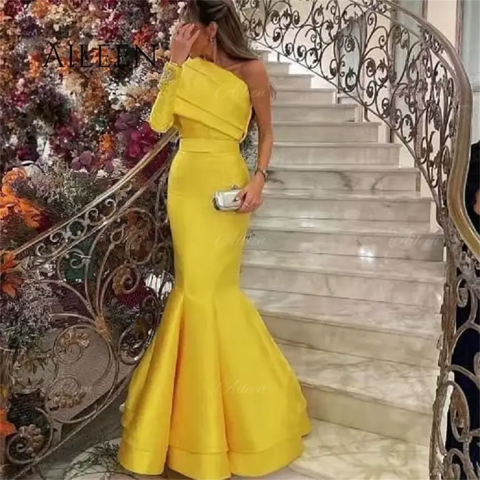 Robe de Soirée Jaune en Satin pour Femme