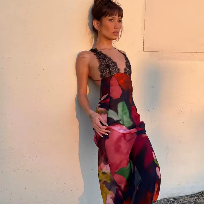 Robe queue de poisson INPETAL élégante pour femmes dos nu sans manches longue moulante coupe ajustée imprimée pour soirées et cérémonies spéciales
