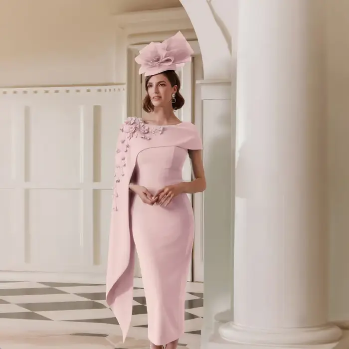 Robe mère de la mariée florale jersey rose avec manches court pour occasions spéciales soirée gala mariage
