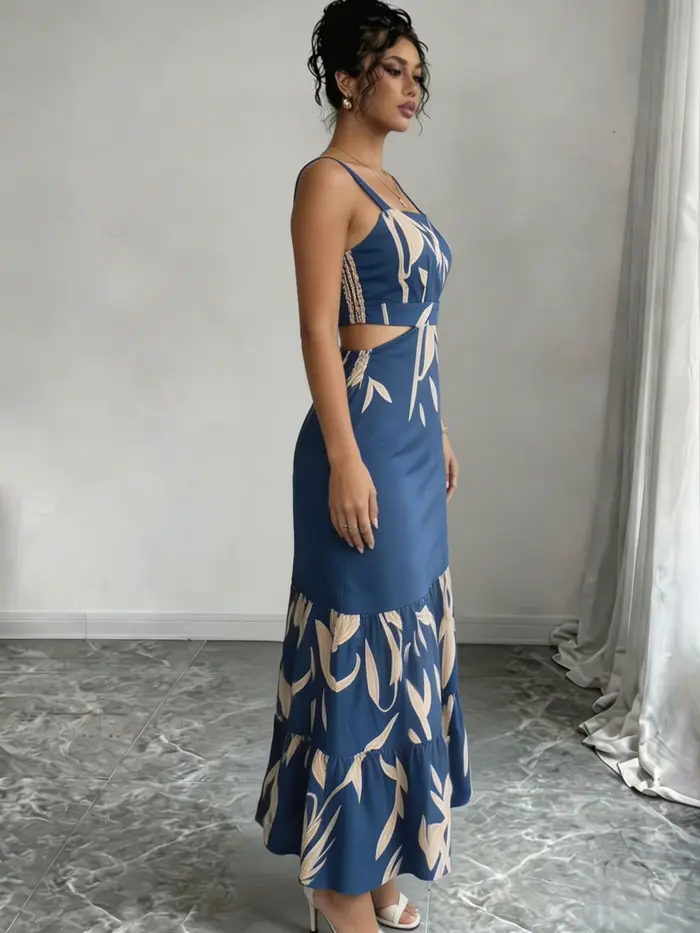 Robe midi bohème à imprimé feuilles bleues, col carré, ourlet à volants, robe fluide, pour les vacances à la plage, les fêtes, les tenues décontractées d'été, les tenues quotidiennes