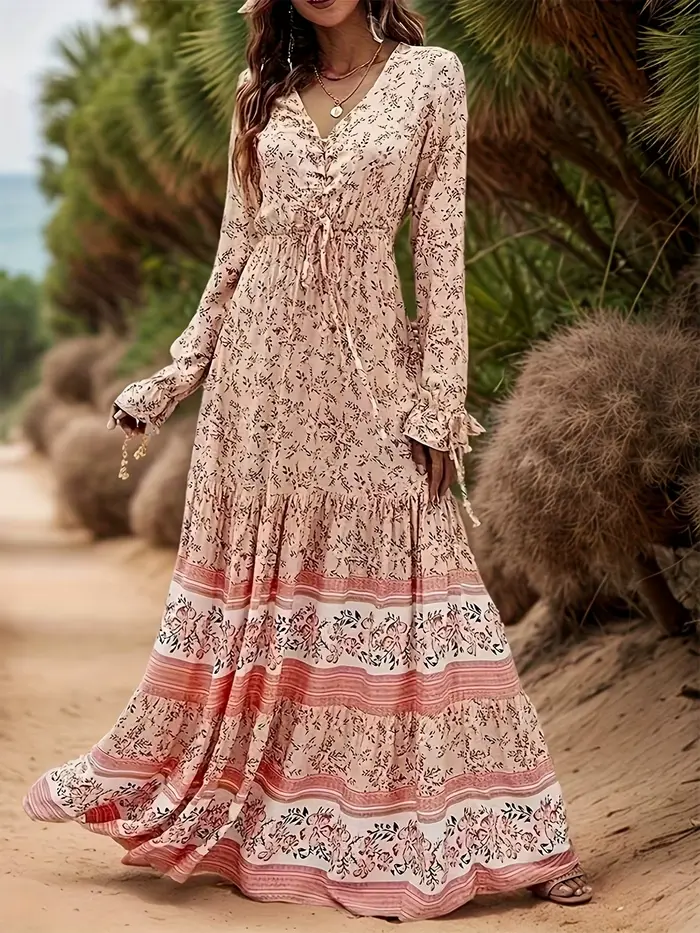 Robe longue à col en V de style bohème