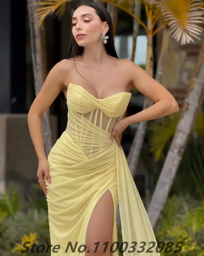 Robe de soirée sirène en mousseline de soie jaune
