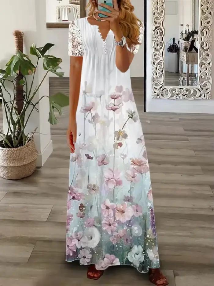 Robes Maxi florales élégantes pour femmes décontracté col en V court