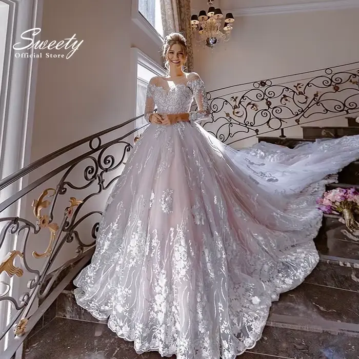 Robe de Mariée de Luxe en Dentelle avec Manches sulfet Col Rond