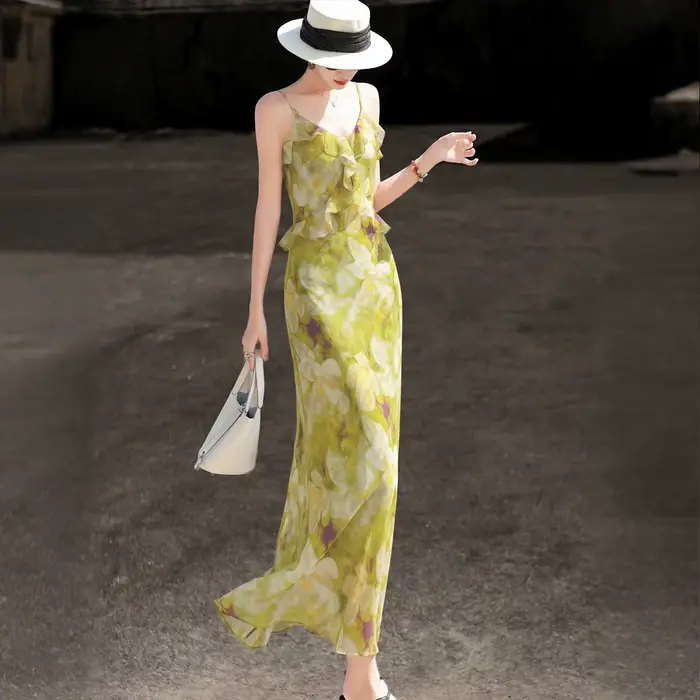 MEXCOCO 2026 Nouvelle Robe d'été élégante en mousseline de soie style français pour femme, col en V,