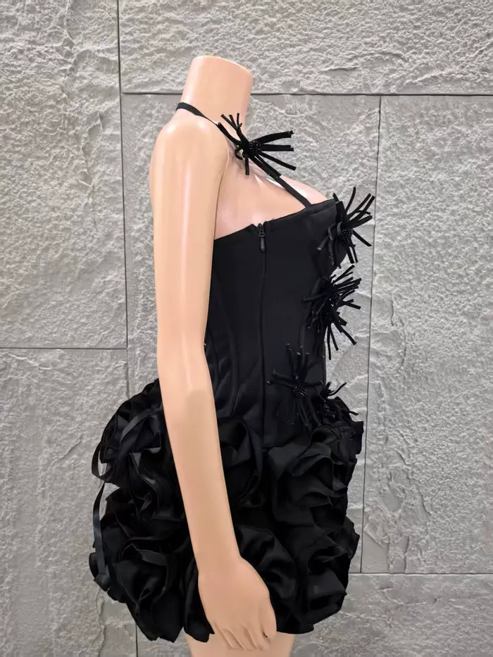2025 nouvelle couleur noire femmes Sexy bretelles fleurs 2 pièces moulante Mini robe de pansement célébrer discothèque fête Bar chanteur porter