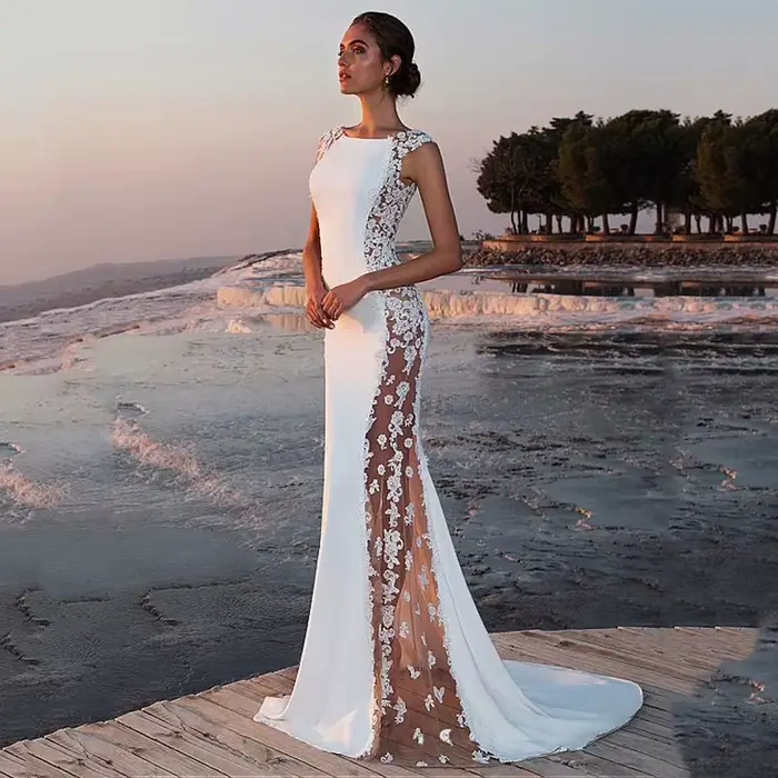 Robe de demoiselle d'honneur en dentelle magique, robe de soirée sans manches, longue et ajustée, robe de soirée formelle, robe de cocktail longue jusqu'au sol