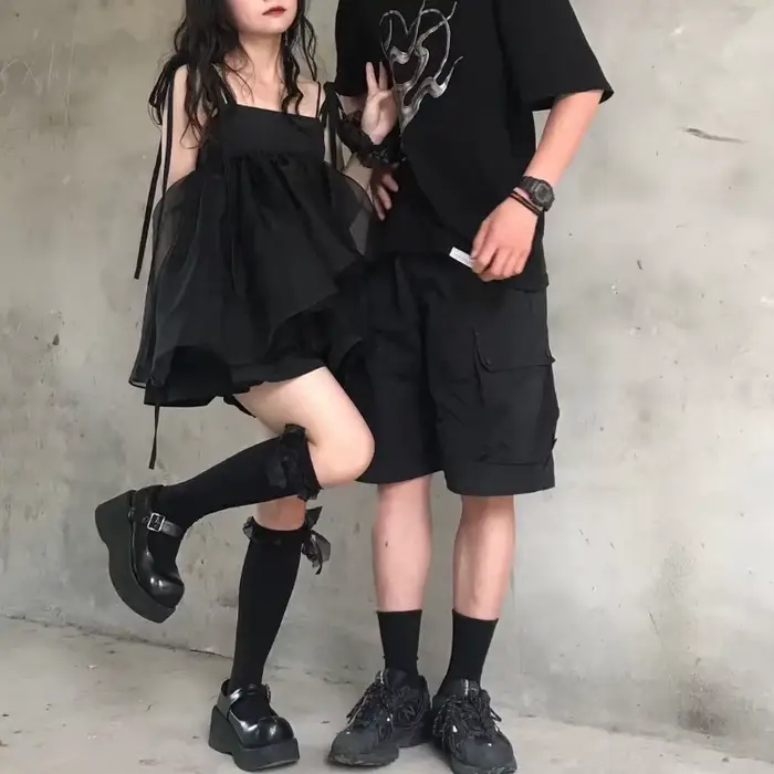 Robe Mini Femme Noire Harajuku Taille Haute Ample à Bretelles 2026