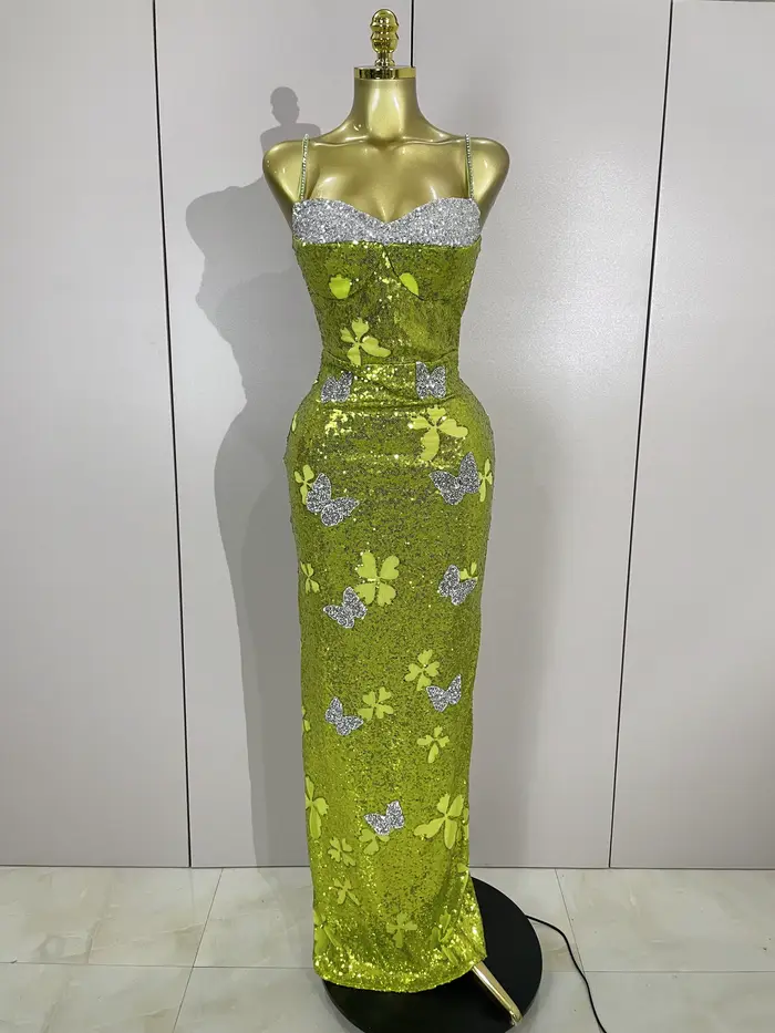 Élégant brillant papillon cristal Sexy licou vert moulante longue robe femmes célébrer soirée fête d'anniversaire